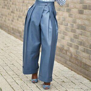 Dusty Blue Elegant Womens Faux leather Baggy w/Pockets Pants high street fashion